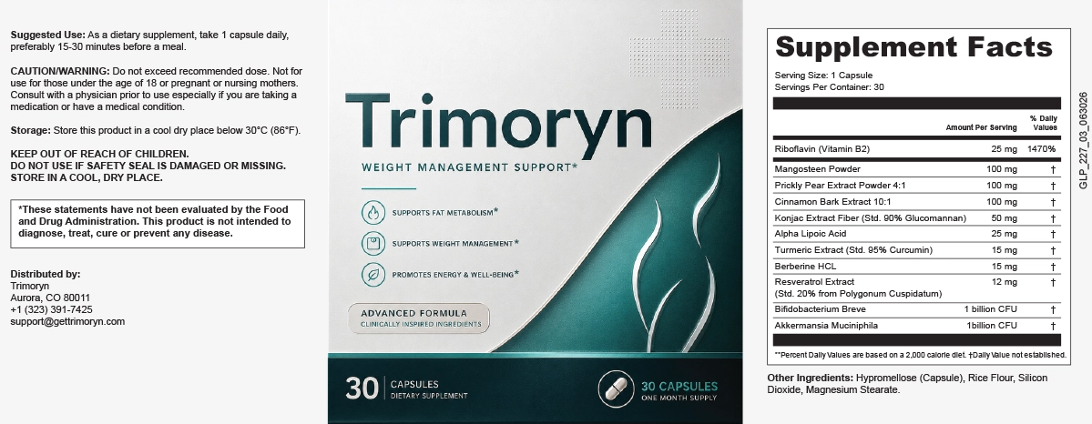 Trimoryn bottle label showing Weight Management Support, suggested use, and full Supplement Facts panel