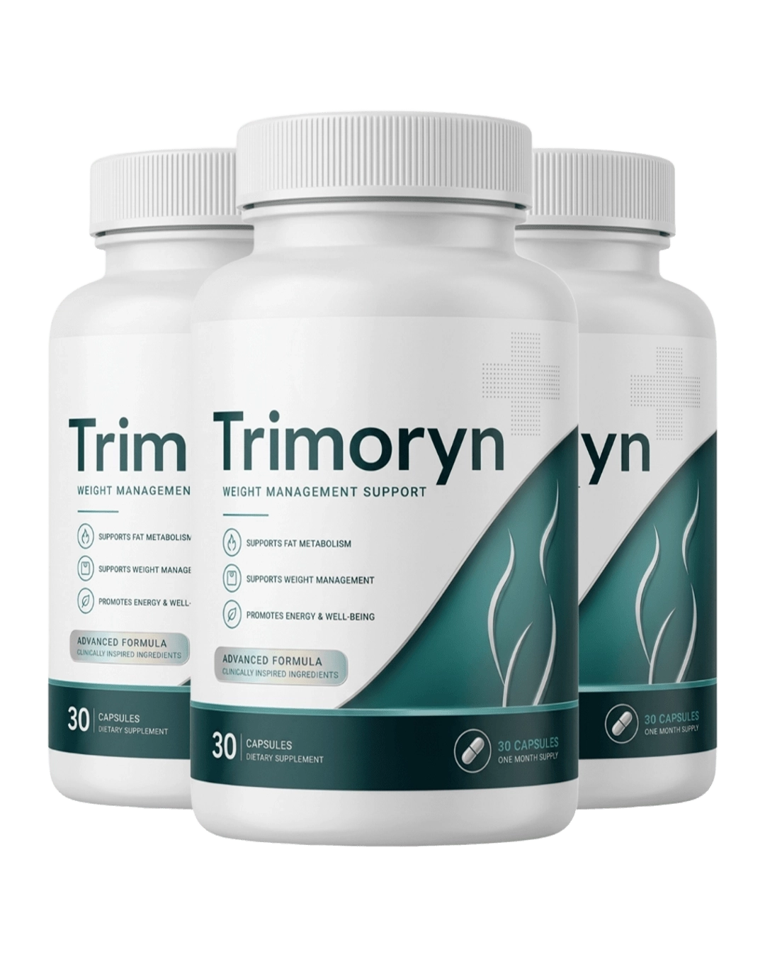 Three bottles of Trimoryn weight management support capsules, 30 capsules each